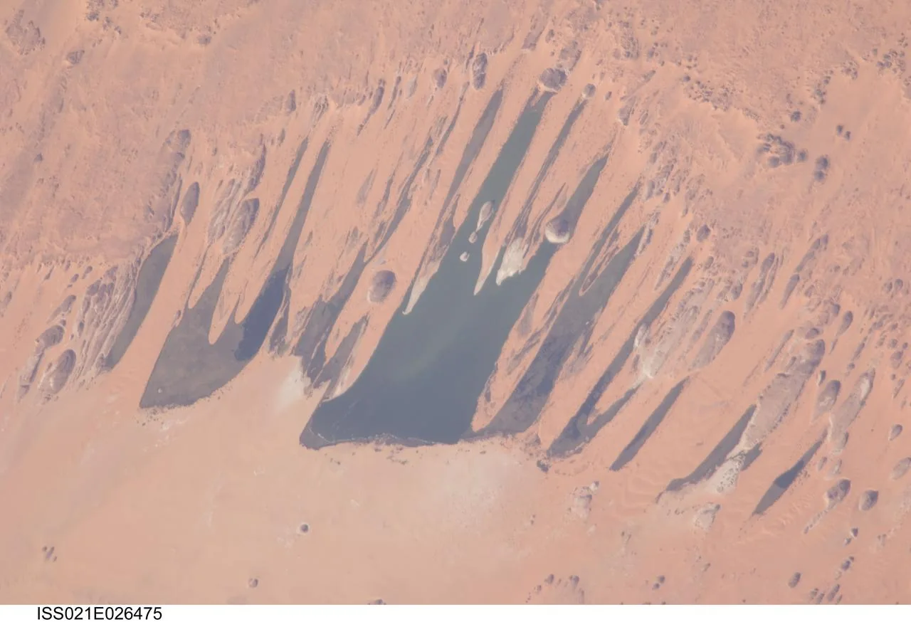 Dunkle Seen zwischen langgezogenen Sanddünen in der Sahara