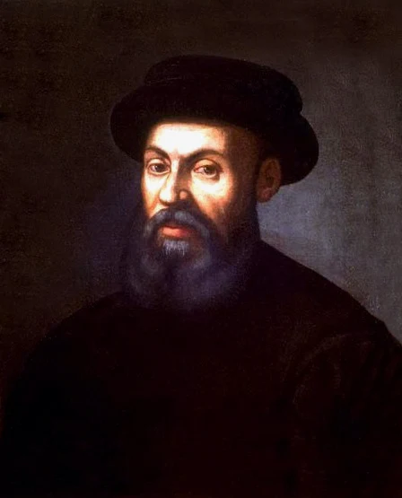 Historisches Gemälde Ferdinand Magellans mit Bart und dunkler Kopfbedeckung