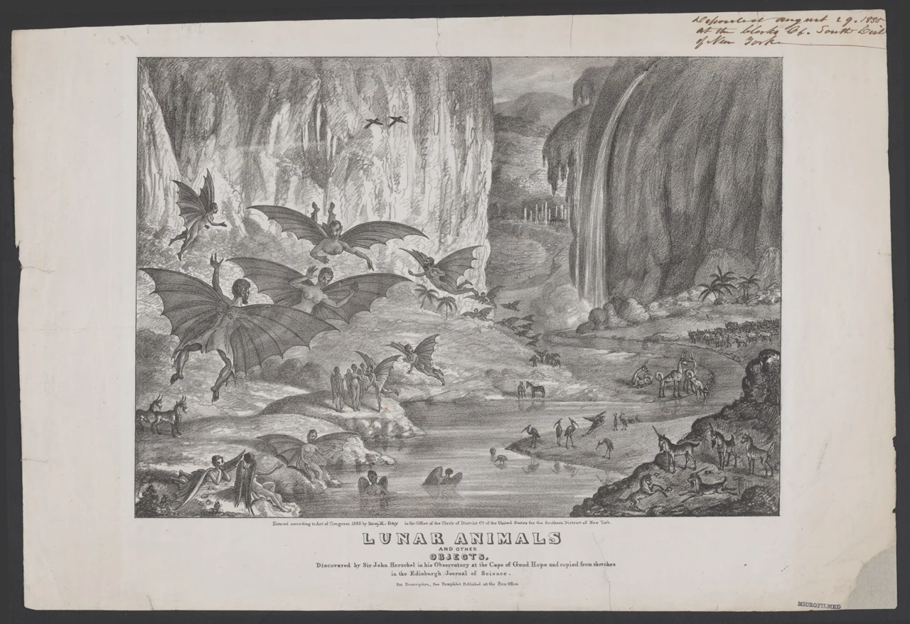 Historische Lithografie mit erfundenen Mondtieren und geflügelten menschenähnlichen Wesen