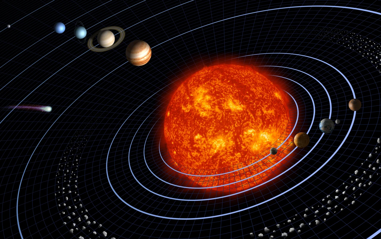 Sonne, Planeten und Umlaufbahnen in einer künstlerischen Darstellung